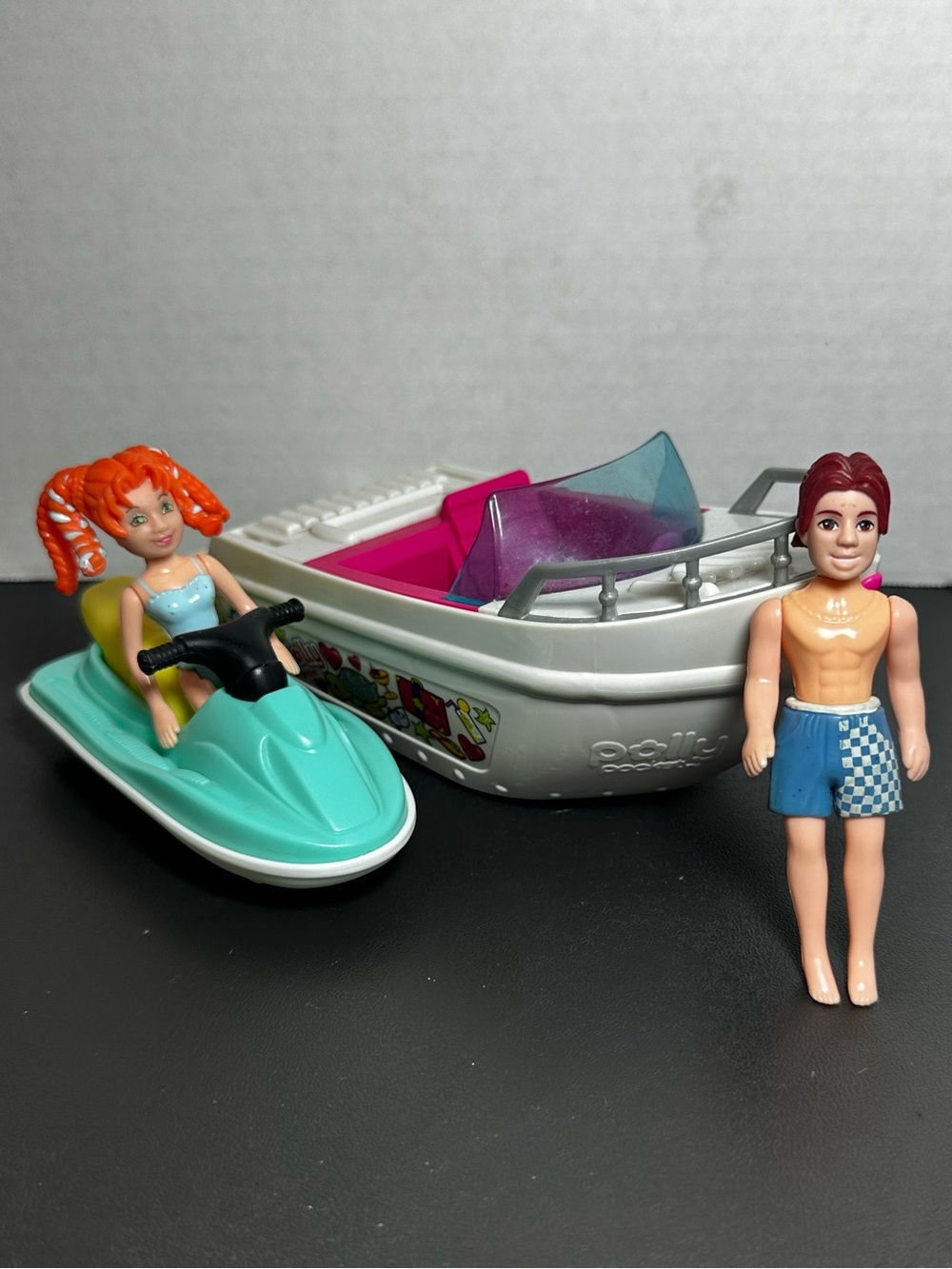 Polly Pocket Bundle Boat, Jet Ski, 2 Vintage Polly Pocket Dolls Boy and Girl